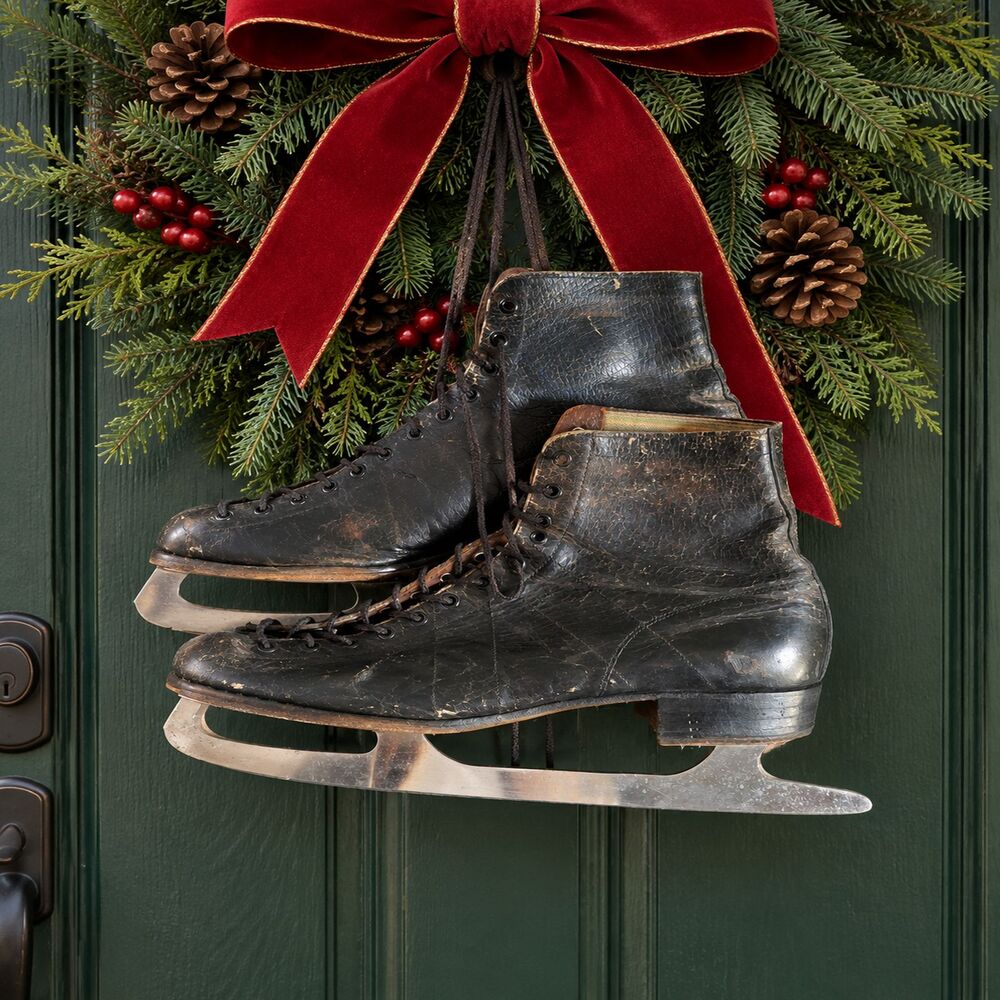 Vintage Nestor Johnson Black Leather Ice Skates Rustic Winter Christmas Decor